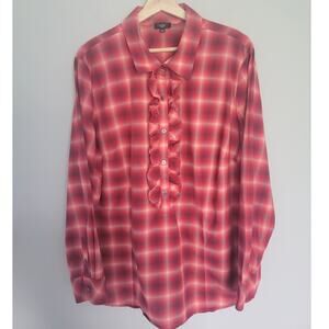 Talbots 18W Plaid Ruffle Long Sleeve Cotton Popover Blouse Red